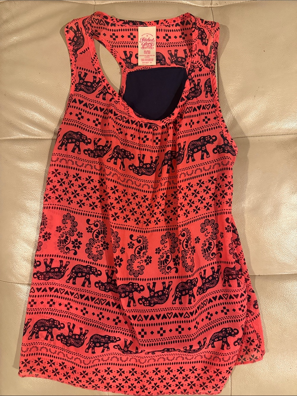 Faded Glory Coral Tank with Navy Elephant Pattern